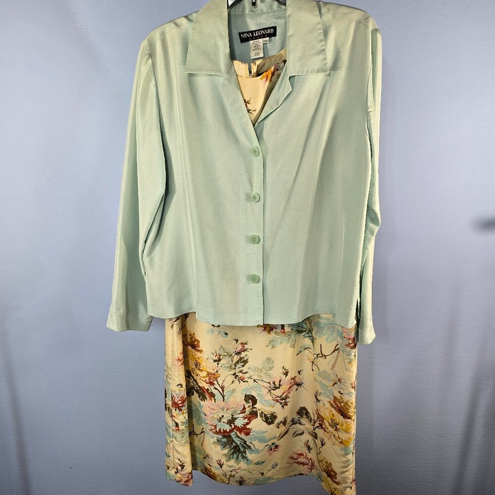 Nina Leonard A-Line Dress & Jacket Silk w/ Acetate Lining Size 12 (Hang)